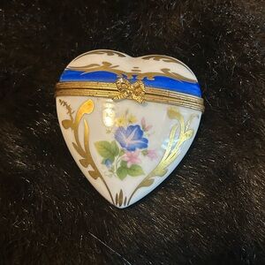 Limoges Heart-Shaped Porcelain Trinket Box with Floral Design